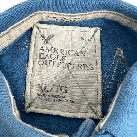 Vintage American Eagle Outfitters Light Blue Vintage Fit Patch Prep Polo Men XL - Picture 8 of 12